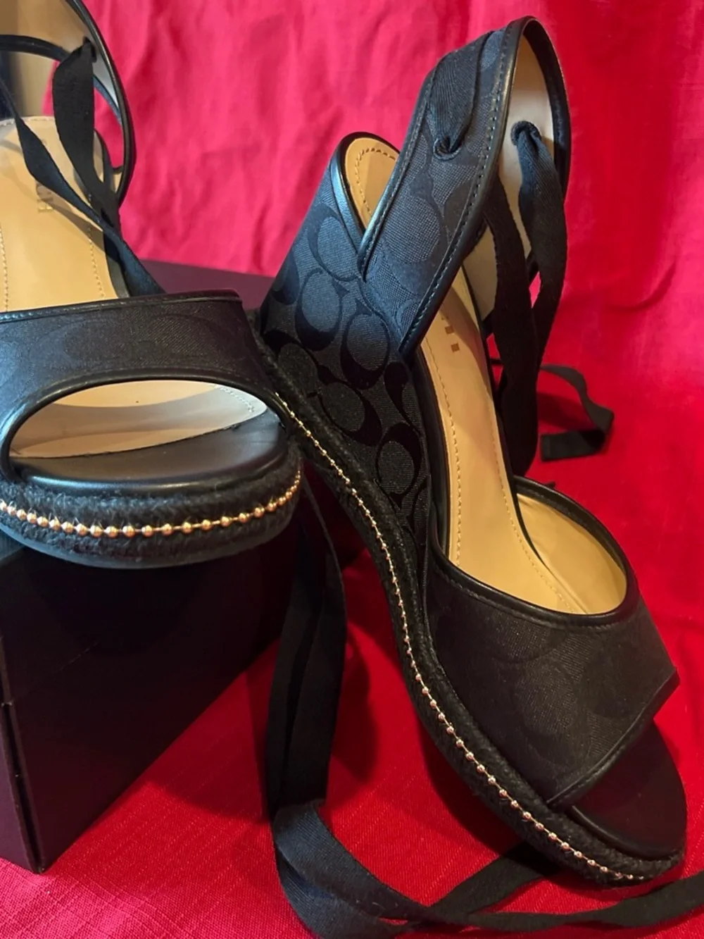 Coach Black Signature Espadrille Wedge Sandals with Gold Trim 9B